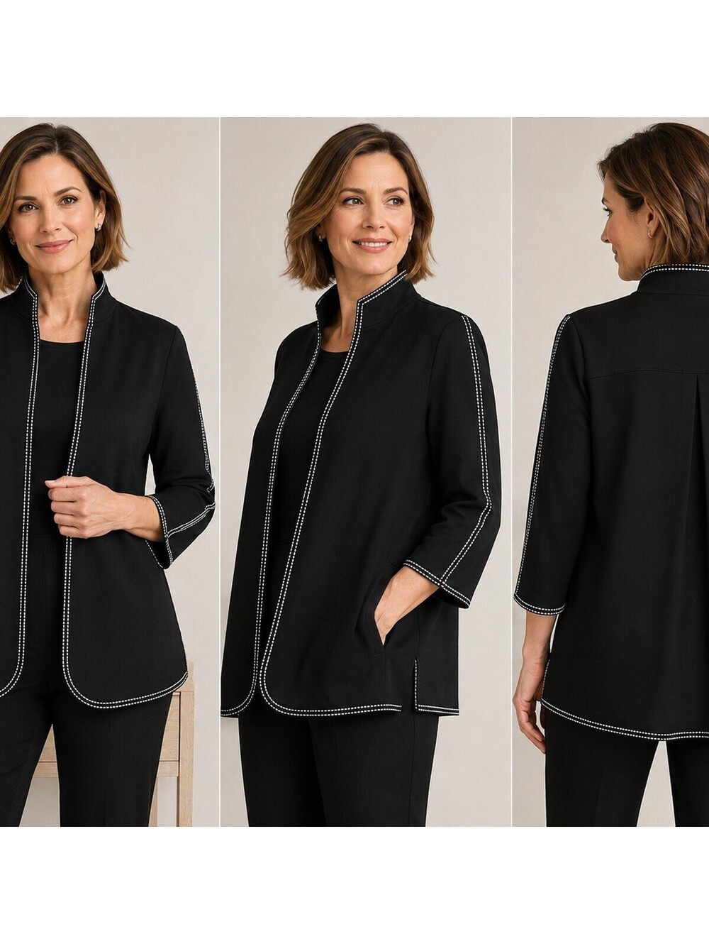 Ming Wang Jacket L Black White Contrast Stitch Trim Open Front 3/4 Sleeve